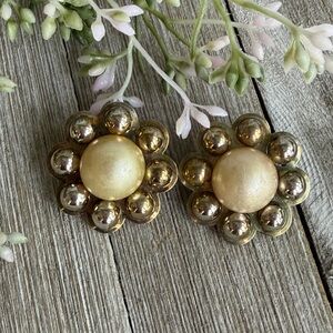 Gold and Cream Floral Clip-On Earrings